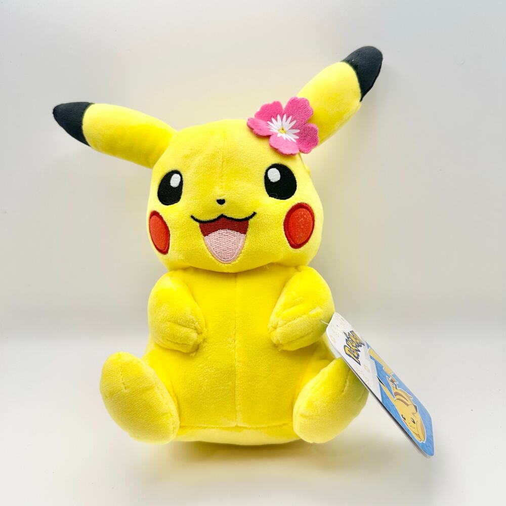 Pikachu Pokemon Jazwares Cheerful Smiling Aloha Pink Flower Stuffed Plush 10"